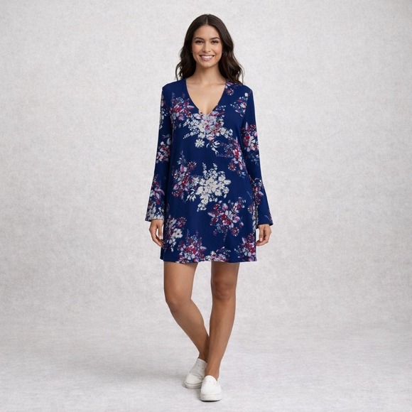 Navy Floral Boho Long Sleeve V Neck Dress Womens SZ M Casual Chic Spring Summer - Picture 4 of 9
